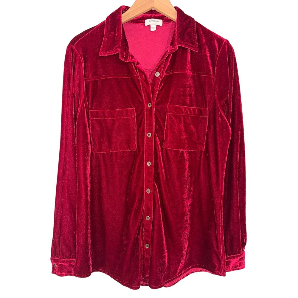Umgee Red Velvet Button Up Long Sleeve Tunic Shirt Size L